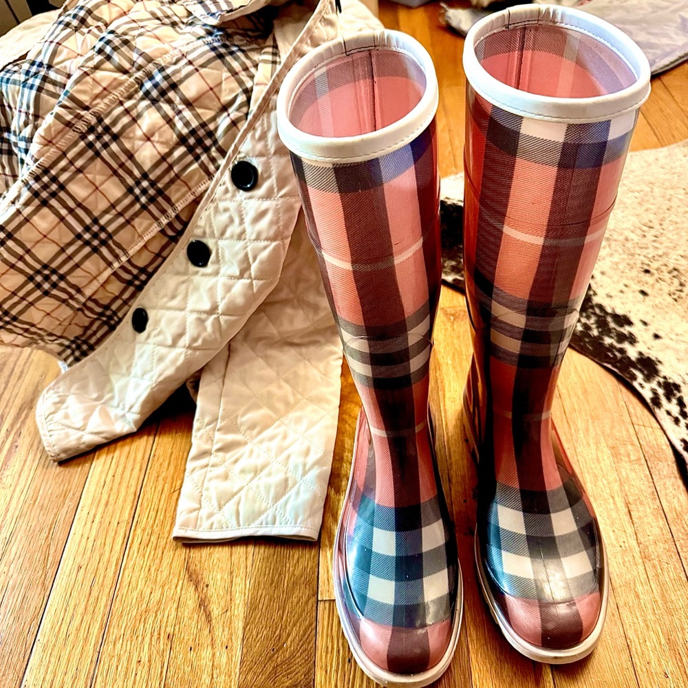 Burberry Pink and Beige Plaid Tall Rain Boots